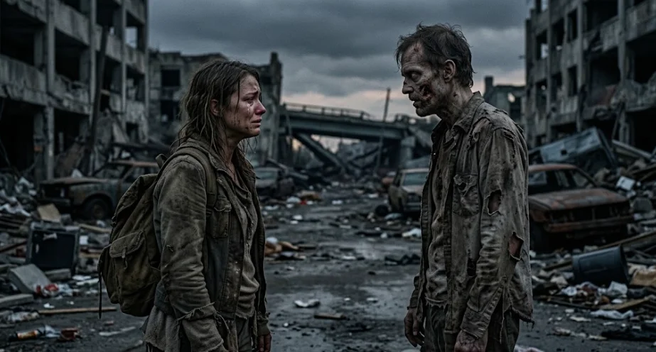 AI zombie trend video scene with a person in an emotional hug moment